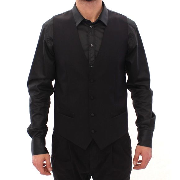 Dolce & Gabbana Dark Blue Logo Wool Formal Men Waistcoat Vest